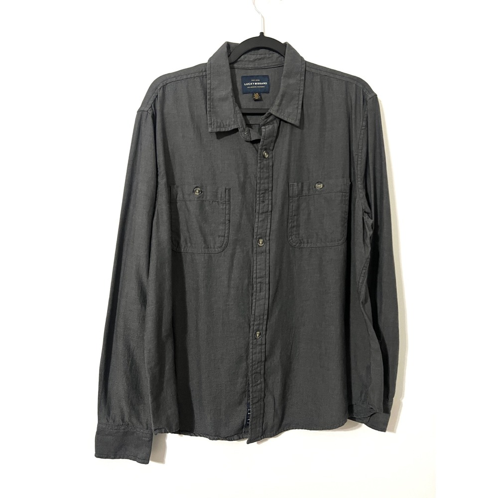 LUCKY BRAND Button Down Men Large Gray Long Sleeve Cotton Twill Utility Casual